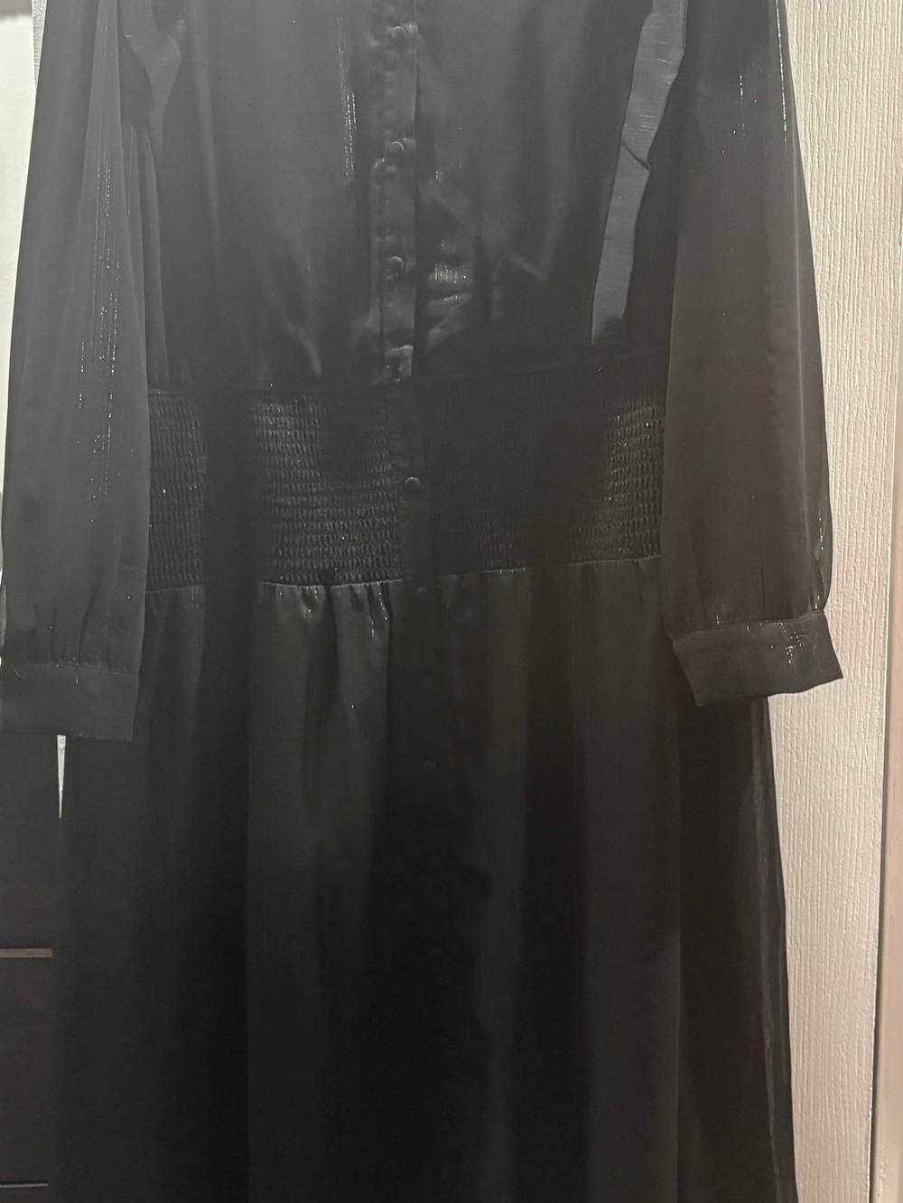 Women's Black Midi Dress with Smocked Waist and Button Front